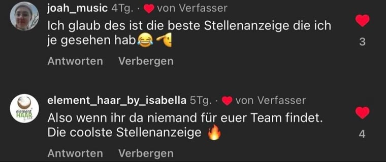 Instagram-Kommentare zu einer Stellenanzeige